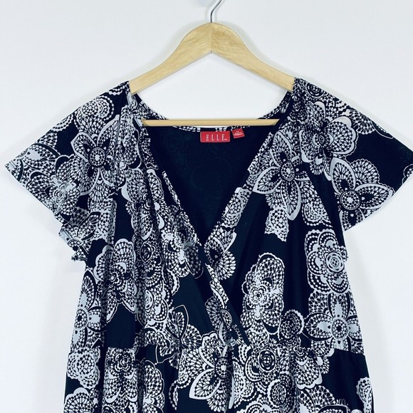 Elle Black White Floral Wrap Front Chiffon Lined Short Sleeve Dress Womens 2X - Picture 2 of 6